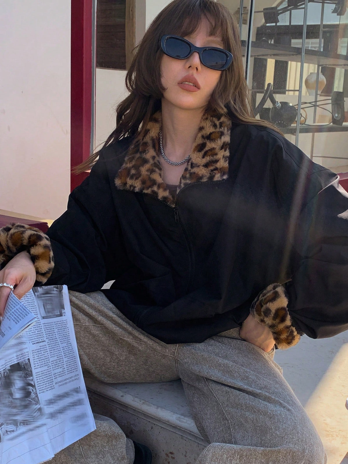 Jaqueta Gola e Forro  Estampada de Leopardo